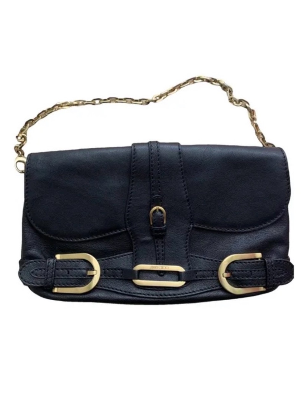 Jimmy Choo Black Leather Clutch with Gold Chain Strap